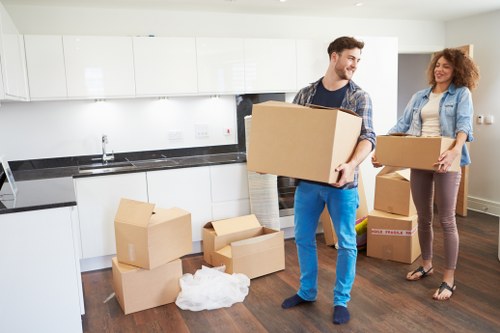 Professional movers carrying boxes from a Kingston home
