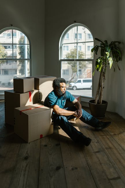 A man with curly hair, wearing a blue t-shirt and dark trousers, is sitting on a wooden floor inside a room with natural daylight streaming in through two large arched windows. Next to him are several cardboard boxes, some sealed with red packing tape, positioned behind and beside him, indicating an ongoing home relocation or furniture transport process. Behind the boxes, the room's white walls and the sunlight illuminate the space, and a tall potted plant with broad green leaves is situated near the right window, adding a touch of greenery. Outside the window, part of a street scene with parked cars and residential buildings is visible. This scene reflects the packing and moving activities associated with house removals, with the focus on the individual during a loading or unpacking phase, supported by the natural environment and interior setting. Man with Van Kingston often handles such furniture transport and packing and moving services.